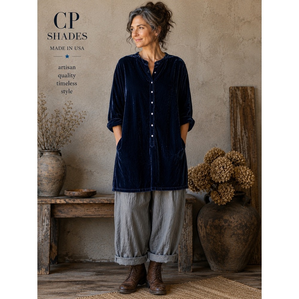 CP Shades USA Made Blue Velvet Tunic Shirt Dress Large L Pockets Artisan Boho